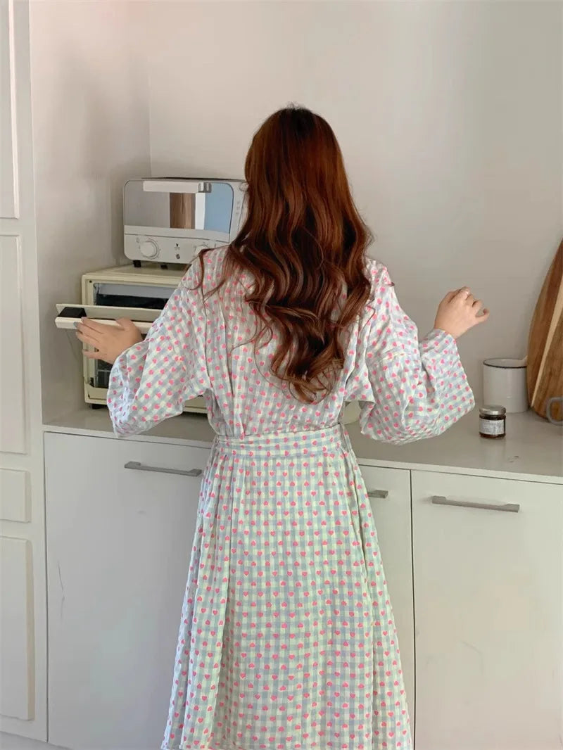 Women's Robe Bathrobe Bathing Love Plaid Loose Long Sleeve Long Kimono Pajamas V-neck Lace Up Trousers Nightgow Sexy Ladies Girl