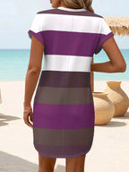 Chic Plus Size Dress: Elegant Stripes, Roll-Up Sleeves, Pockets