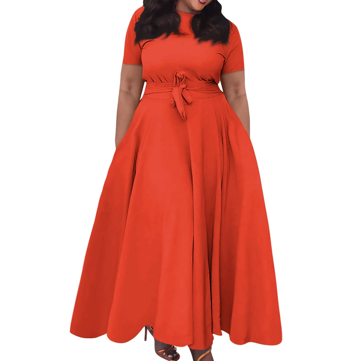 dress for women Casual Fashion Large Size sexy long dresses Solid Color Round Neck dress Short Sleeve Pocket Straps Swing elbise