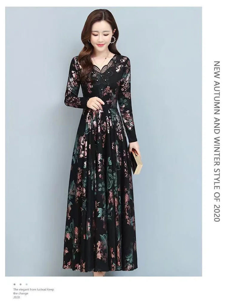 Spring Autumn New Women Dress Elegant Temperament Long A-Line Dress High End Fashion Lace Printed Beading Dresses Vestidos Mujer
