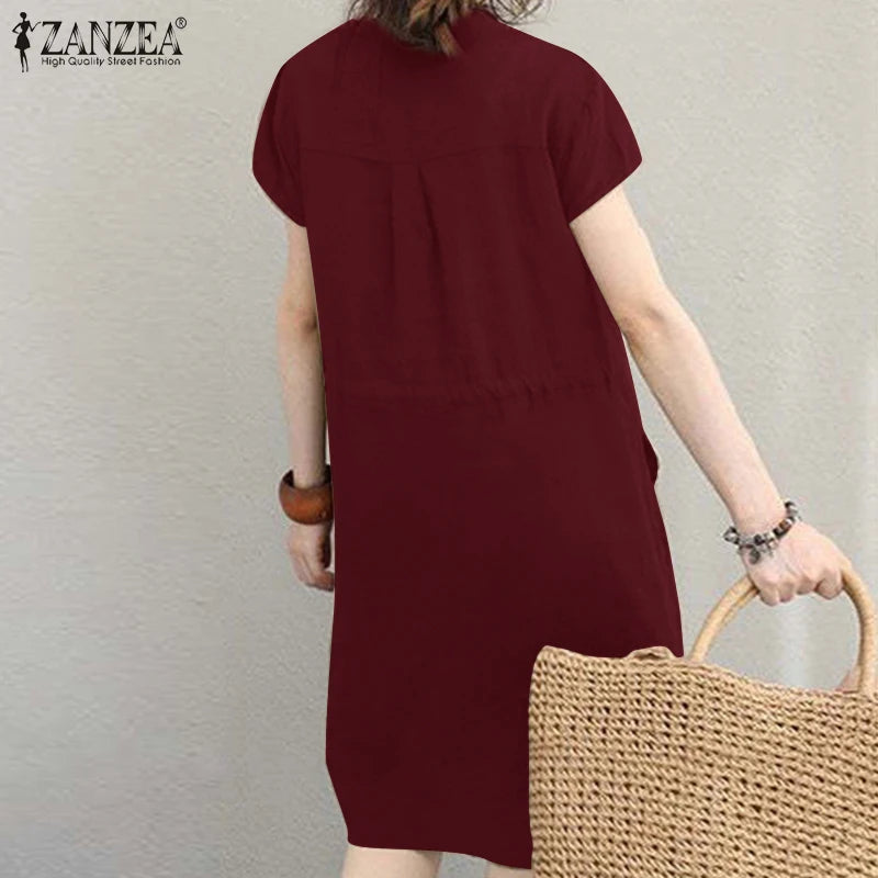 Summer Fashion Short Sleeve Dress ZANZEA Women Casual Drawstring Waist Vestidos Knee-length Robe Femme Elegant OL Work Sundress