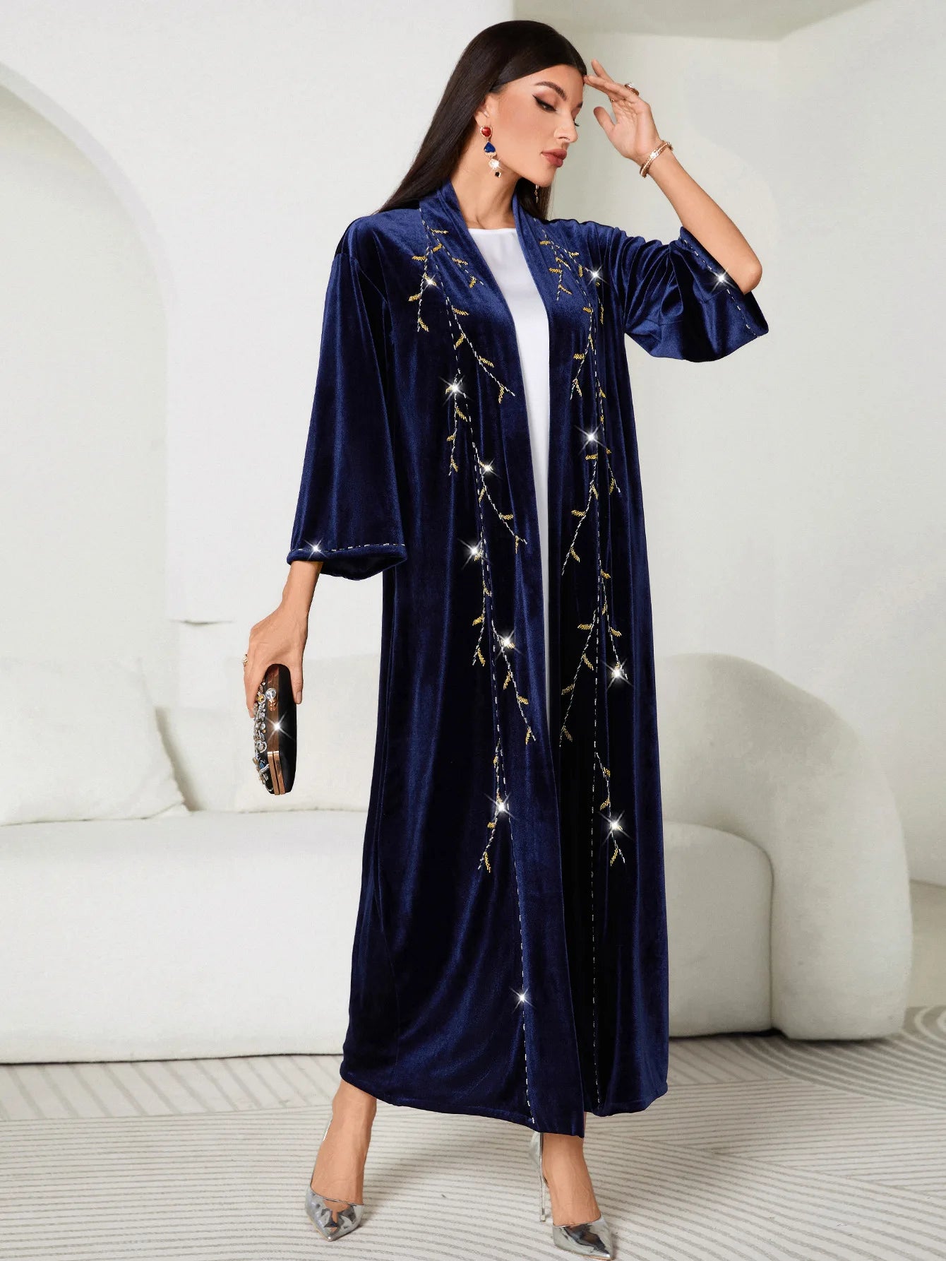 Abaya Cardigan Femme – Robe Longue Musulmane Soirée Éïd Détail Diamant