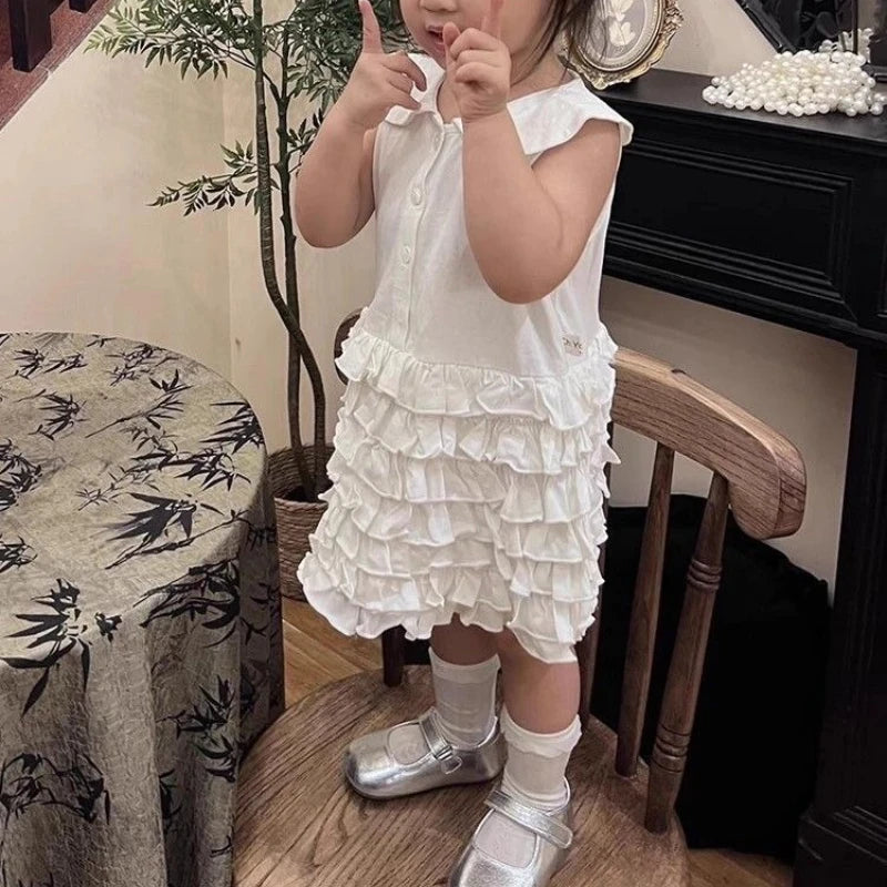 Children's Clothing 2025 Summer New Sweet White POLO Collar Vest Skirt Girls' Patchwork Pleated Cake