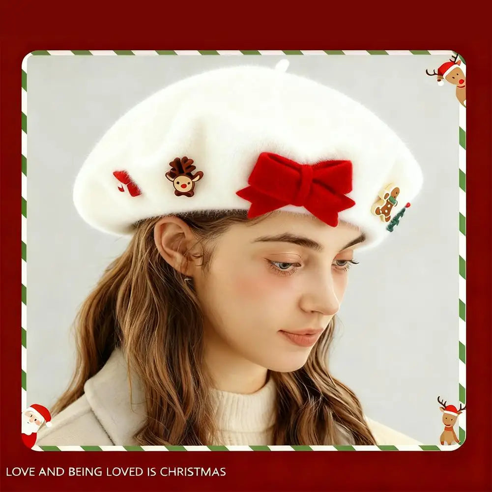 Fashion Christmas Beret Hat Red Green Sweet Christmas Beret Hat Wool Felt Dress Up Xmas Painter Hat New Year Gifts