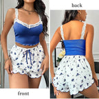Women's Two-Piece Summer Ribbed Knitted Flower Print Lace Trimmed