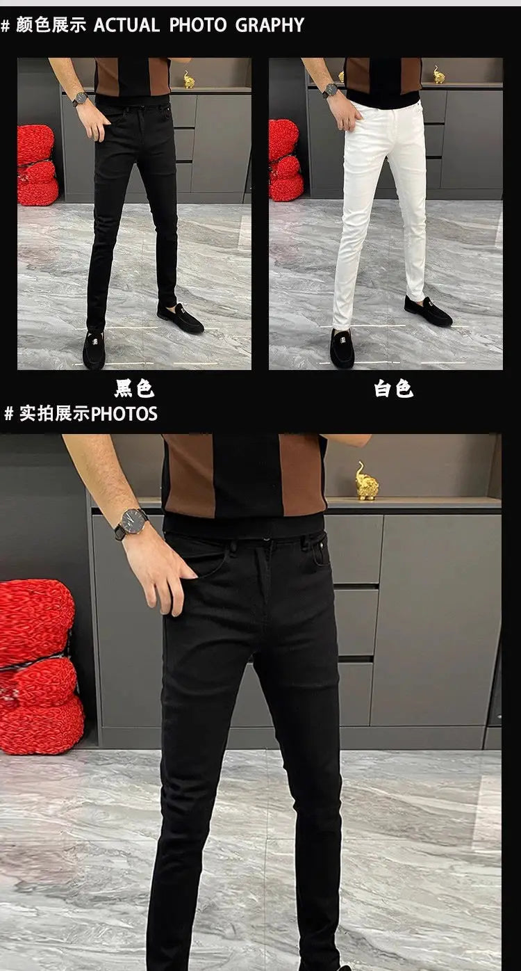White Jeans Men's European Goods 2025 Summer New Fashion Motorcycle Boots Simple Slim Fit Elastic Versatile Small Feet Trousers