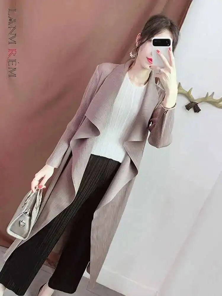 Trench-Coat Femme Plissé LANMREM – Col Revers Ample Cardigan Printemps Été 2025