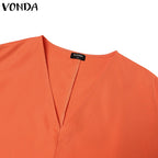 Plus Size VONDA Women Bohemian Dress 2025 Summer Sundress Solid Color Casual Short Sleeve Party Ruffled Vestidos V-Neck Robe