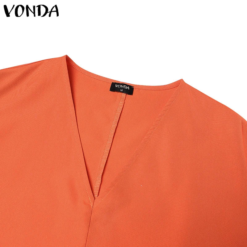 Plus Size VONDA Women Bohemian Dress 2025 Summer Sundress Solid Color Casual Short Sleeve Party Ruffled Vestidos V-Neck Robe