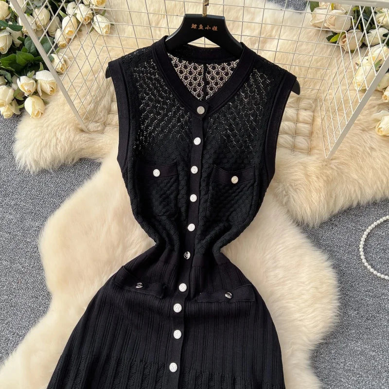Fashion Knitted Dress Summer Clothes Women Sleeveless Single Breasted Bodycon Long Dresses Vacation Holiday Knitting Dress Robes