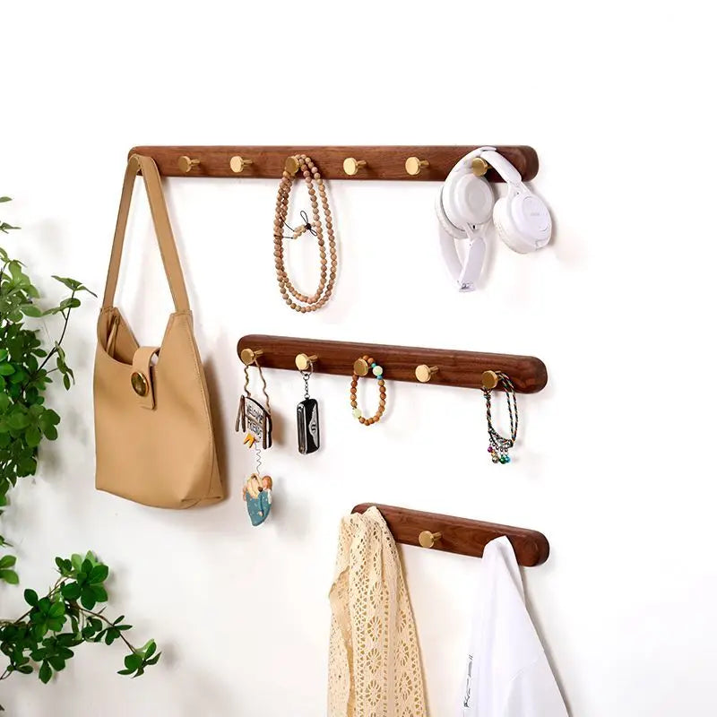Patère Murale Bois Noyer et Laiton – Entrée Manteaux Clés Décoration