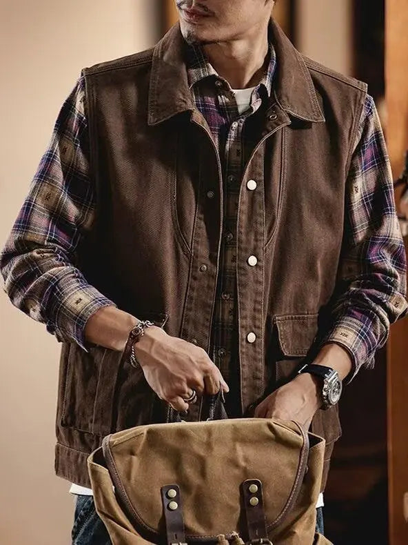 American Retro Workwear Denim Vest Men's Spring New Loose Casual Outdoor Jacket Coat Youth Urban Fashion All Seasons