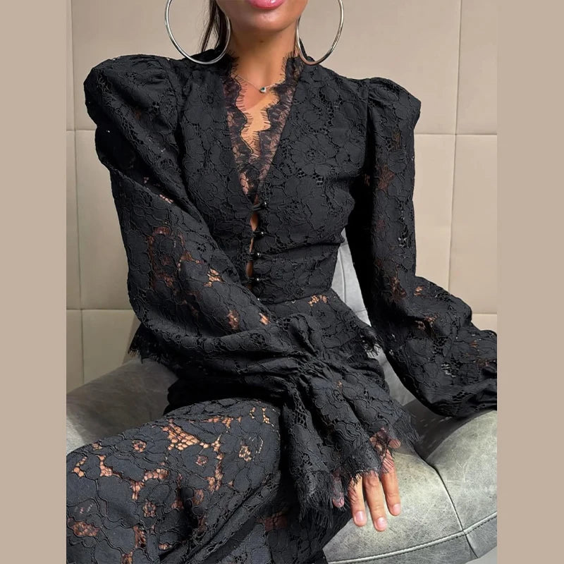 Elegant Solid Lace Ruffles Maxi Skirt Set Women Vintage Single Breasted Flared Sleeve V-neck Slim Blouse Suit Lady Party Outfits