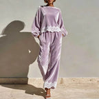 Round Neck Velvet Set Women Balloon Long Sleeve Scallop Lace Hem Top & Wide Leg Pants Suit Elegant Casual Holiday 2 Piece Outfit