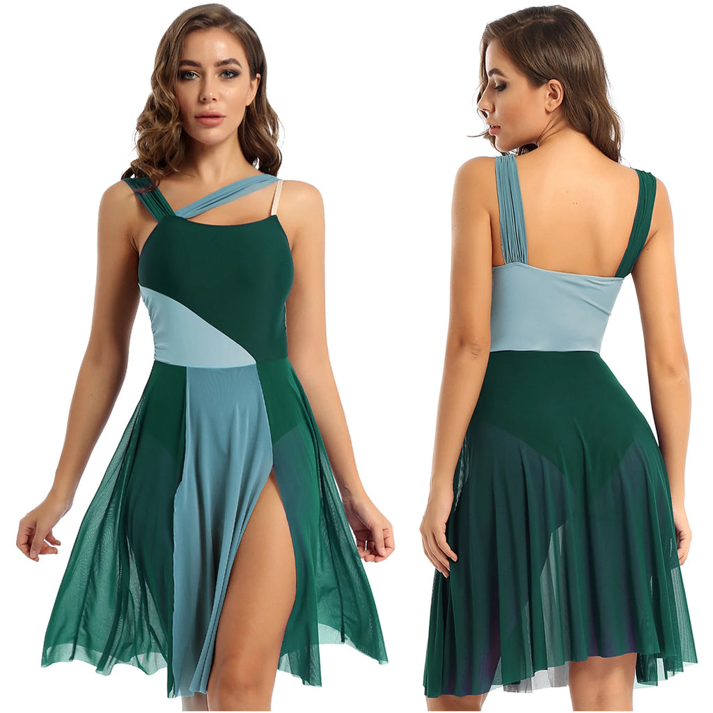 Women Ballet Dance Dress Adult Modern Contemporary Lyrical Dance Costumes Sleeveless Color Block Gymnastics Leotard Dancewear