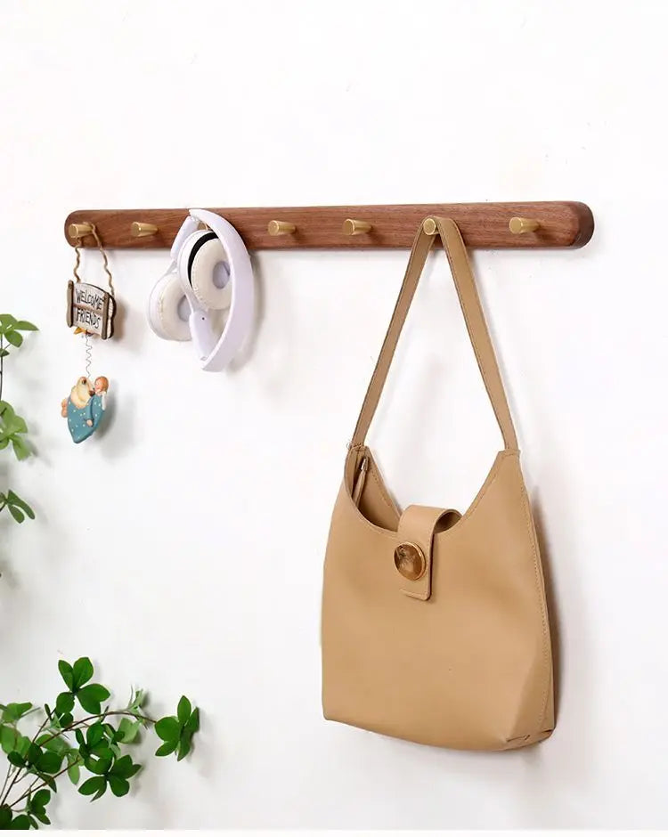 Patère Murale Bois Noyer et Laiton – Entrée Manteaux Clés Décoration
