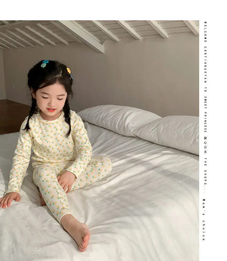2026 Children's Sets Kids Velvet Pajamas Set Floral Long Sleeve Thermal Loungewear for Baby Girls & Boys Home Wear Clothes