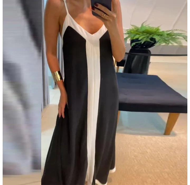 Women's Dress 2024 Summer Women's Clothing Fashion Elegant V-neck Casual Black and White Contrast Sleeveless Loose Long Dresses