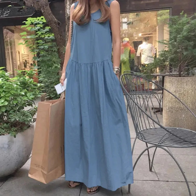 Women's Dress 2025 Summer Cotton and Linen Casual Round Neck Sleeveless Large Size Loose Solid Color Vest Long Swing Dress
