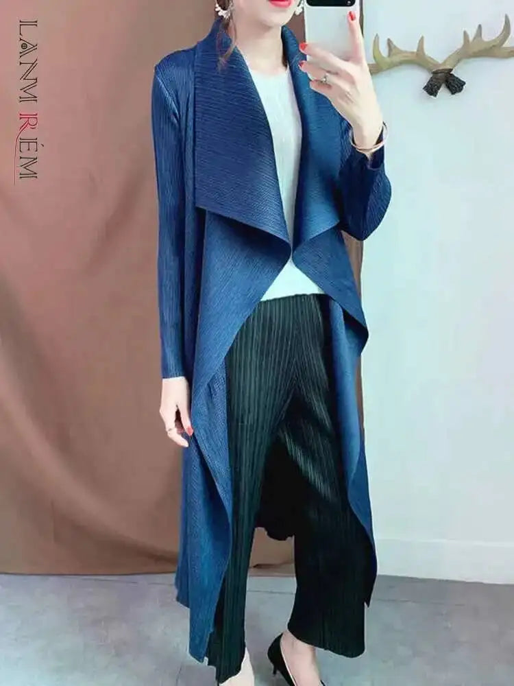 Trench-Coat Femme Plissé LANMREM – Col Revers Ample Cardigan Printemps Été 2025