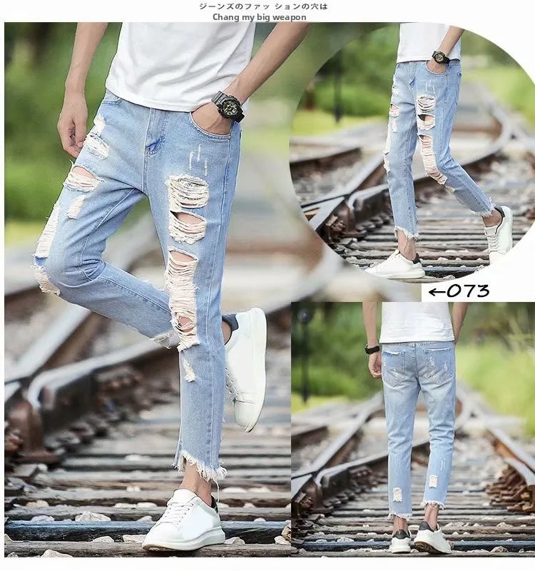 Men's Summer Thin Loose Straight Leg Jeans Casual Nine Point Ankle-Length Torn Elastic Cotton Denim Youth Fashion Wear
