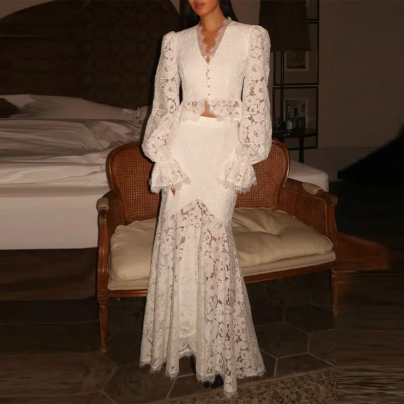 Elegant Solid Lace Ruffles Maxi Skirt Set Women Vintage Single Breasted Flared Sleeve V-neck Slim Blouse Suit Lady Party Outfits