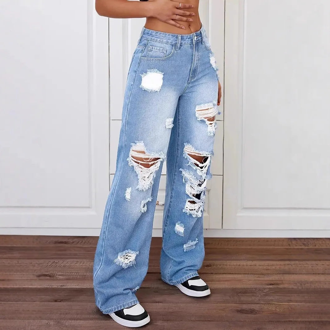 Jean femme taille haute déchiré – Coupe wide leg streetwear