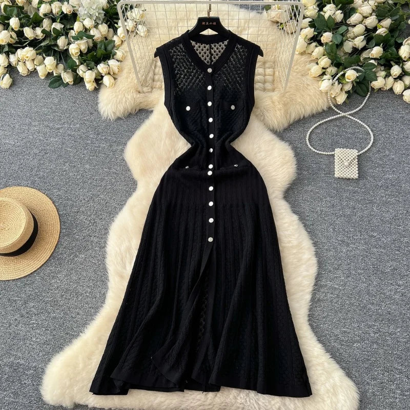 Fashion Knitted Dress Summer Clothes Women Sleeveless Single Breasted Bodycon Long Dresses Vacation Holiday Knitting Dress Robes