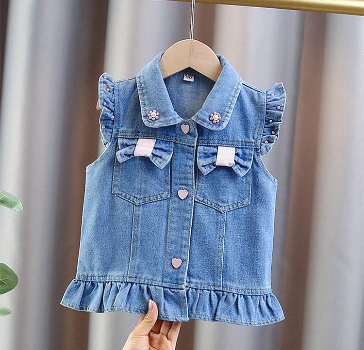 New Fashion Kids Children's Denim Vest with Bow and Pearl for Toddler Girls Denim Waistcoat Baby Lovely Style Sleeveless Jacket