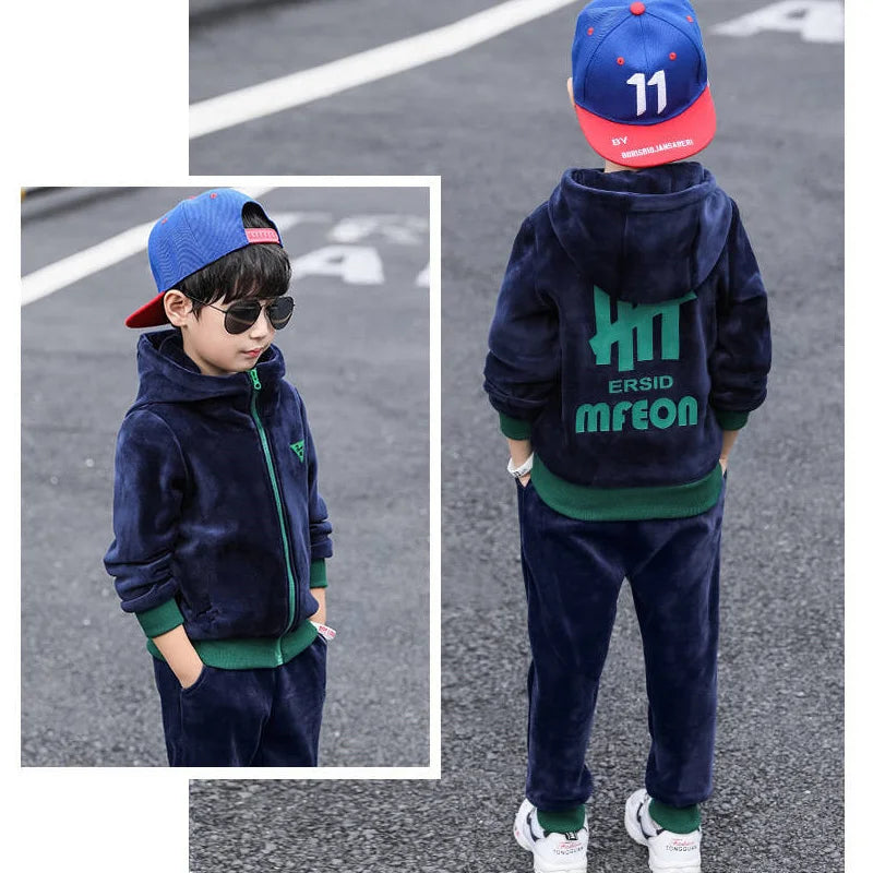 Boys Double-sided Velvet Sets Children Fashion Casual Hooded Suit Kids Autumn Winter Jackets+Pants 2Pcs Outfits Teenager Clothes