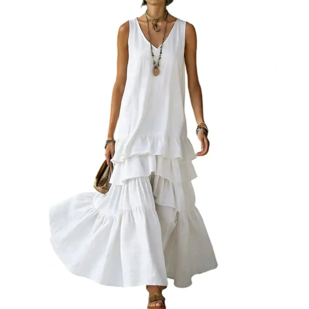 Plus Size Summer Dress Spring Solid Color Women's Loose V-neck Large Skirt Sleeveless Ruffle Edge Travel Dresses Sundress