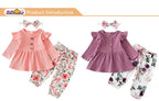 Newborn Baby Girl Clothes Set Solid Knitting Long Sleeve Tops Floral Print Pants Headband 3Pcs Outfits Casual Infant Clothing