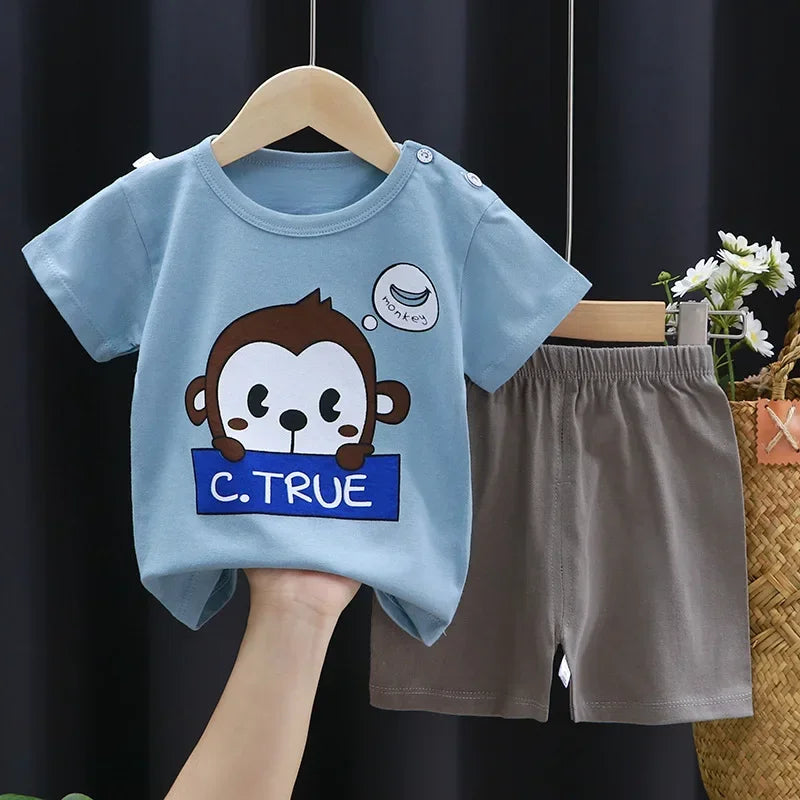 2-6 Years Baby Girl Summer Set Children's Short-sleeved Shorts Suit Cotton T-shirt Little Girls Unicorn Giraffe Cartoon Set