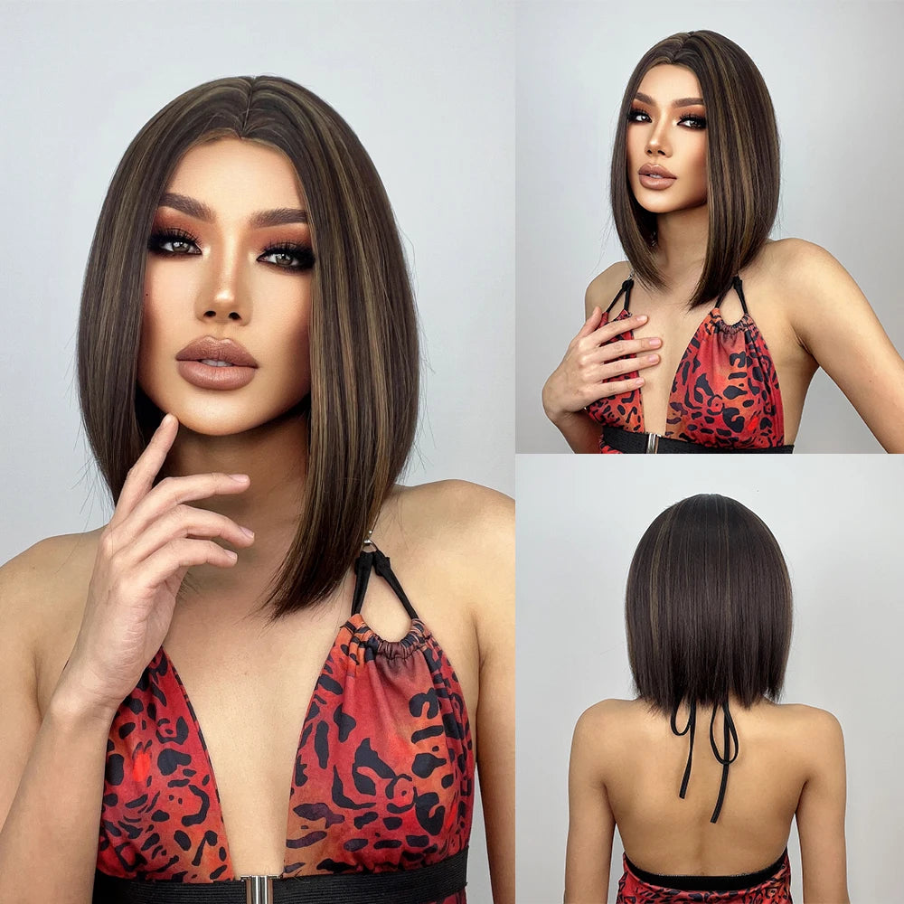 LOUIS FERRE Short Blonde Highlight Brown Bobo Wigs For Women Daily Cosplay Natural Straight Wig High Temperature Synthetic Wigs