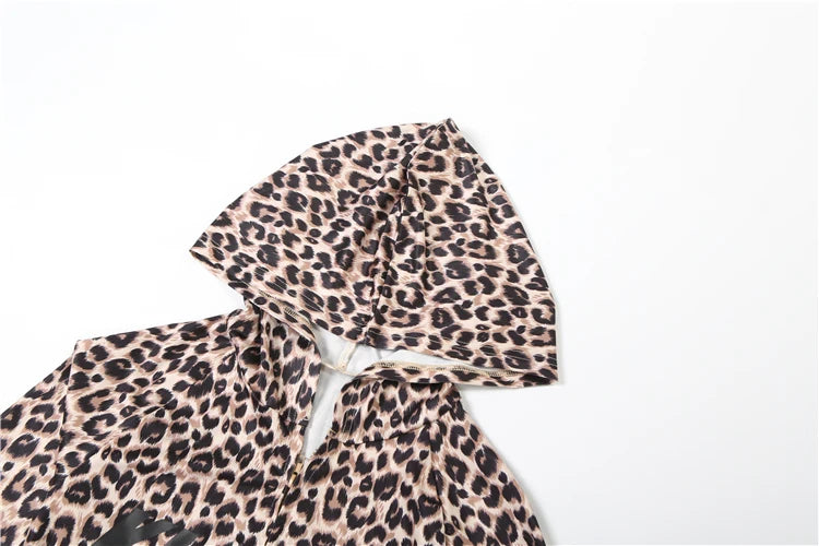 SiSterlinda Hooded 2 Piece Set Women Letter Leopard Zip Jacket+Flare Pants Casual Matching Stretch Sporty Streetwear Tracksuit