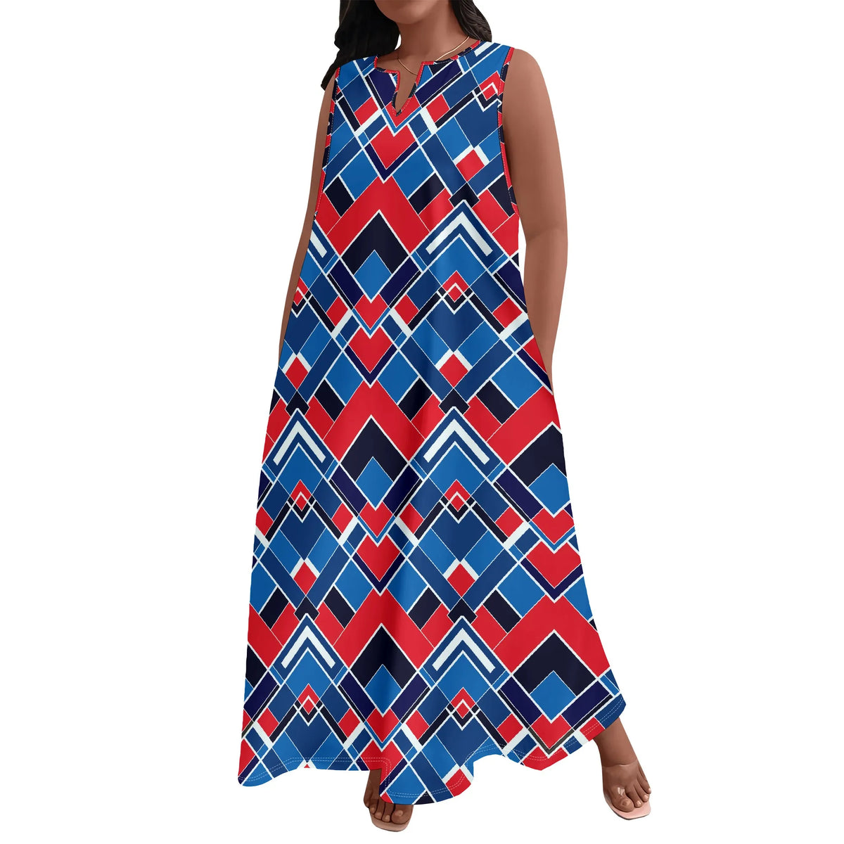 Plus Size Women's  Summerl Fashion Printed  African Style Sleeveless Round V Neck Dress Loose And Casual Dress