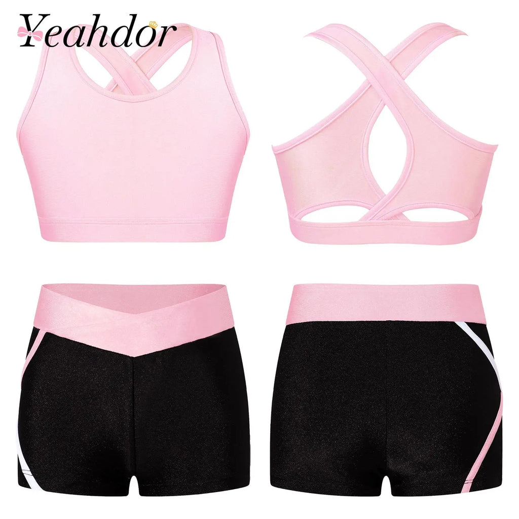 Children's Clothing Girls Ballet Dance Suits Crop Top + Shorts Sports Sets for Running Gym Workout Outfit 8 10 14 16 Kids Sets