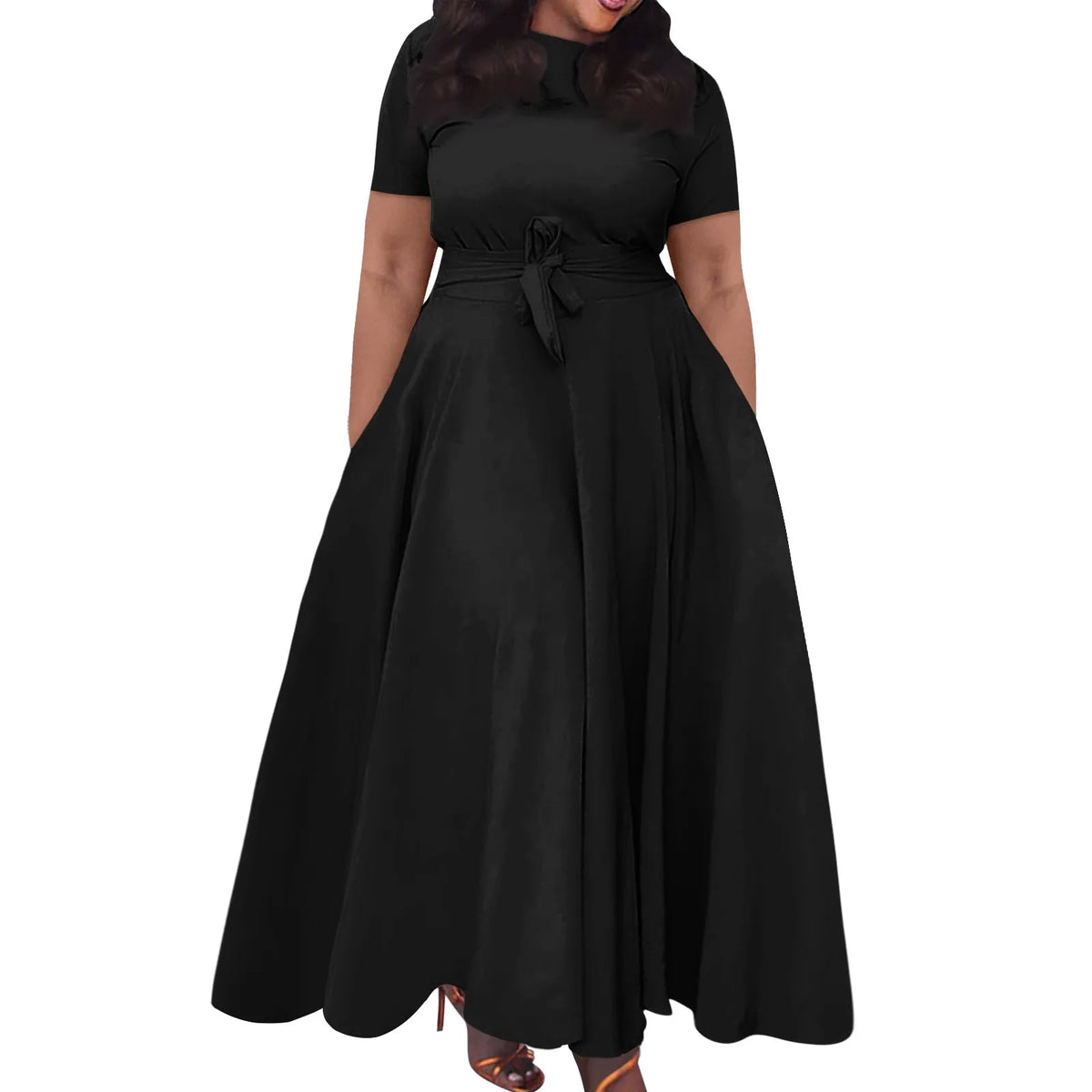 dress for women Casual Fashion Large Size sexy long dresses Solid Color Round Neck dress Short Sleeve Pocket Straps Swing elbise