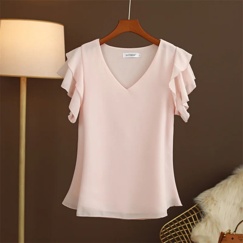 2026 Fashion Summer Dress Women Blouse Top New Short Sleeved V-neck Chiffon T-shirt Women's Loose and Versatile Small Shirt