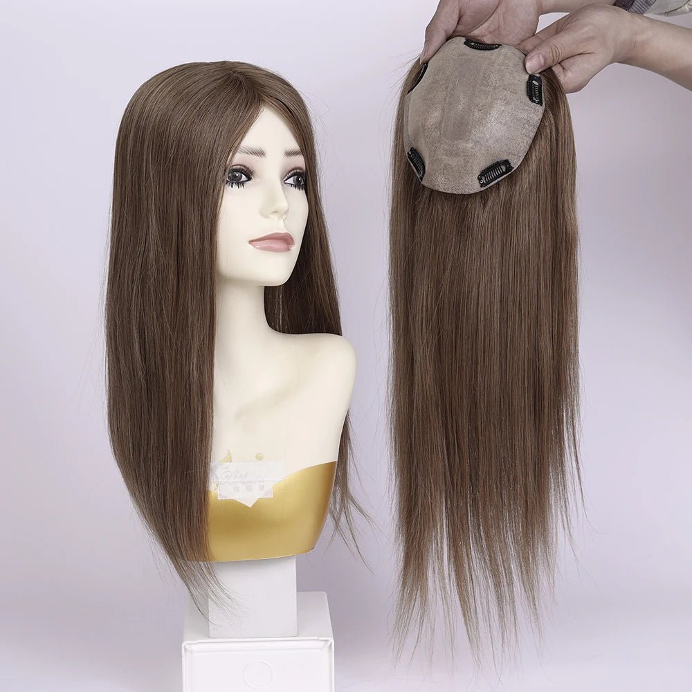 Best Quality European Remy Hair Topper 15x16cm Meddium Brown Straight Silk Base Human Hair Women Toupee 12-20inch