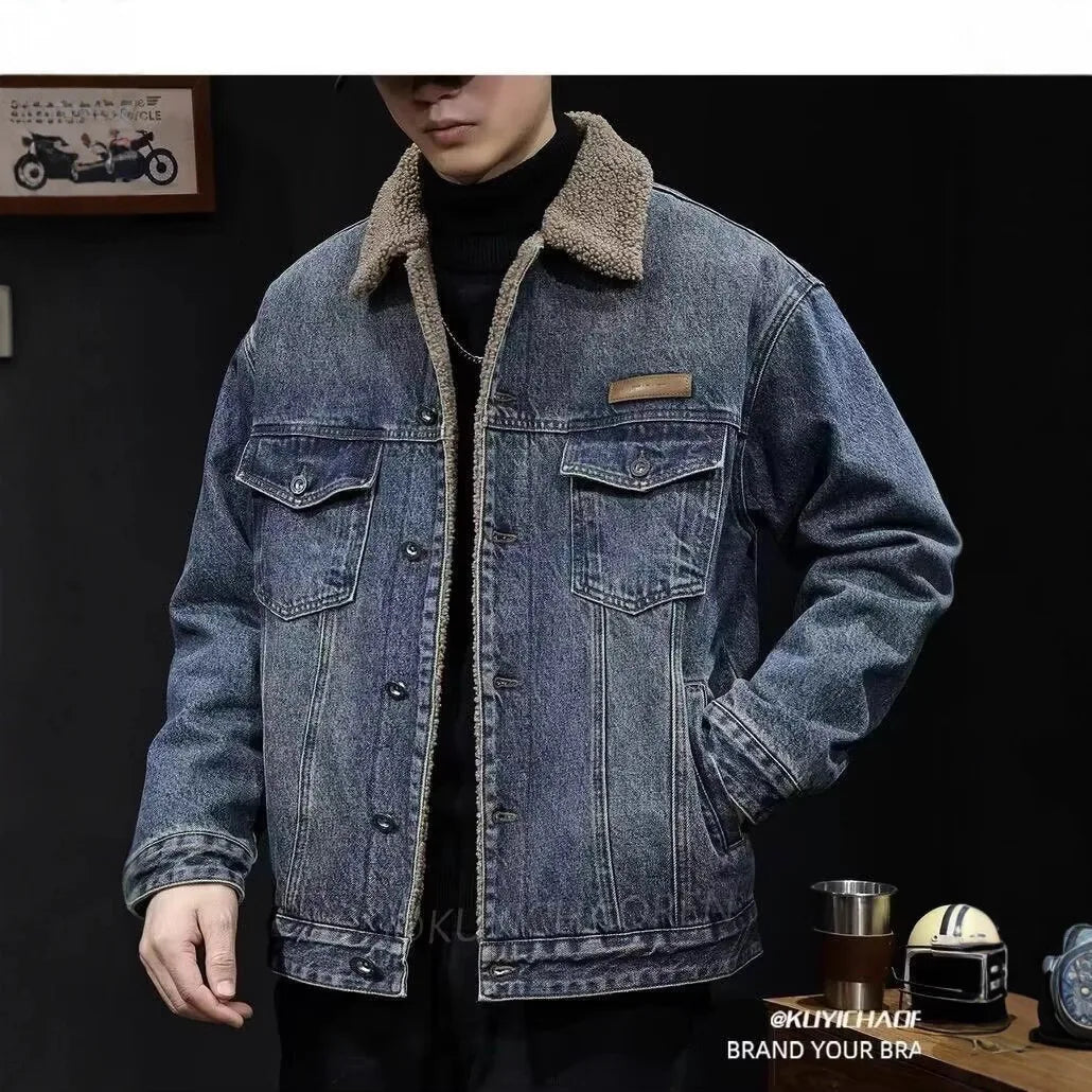 2026 Autumn and Winter Men's New Denim Jacket Fleece Thickened Retro Loose Casual Jacket