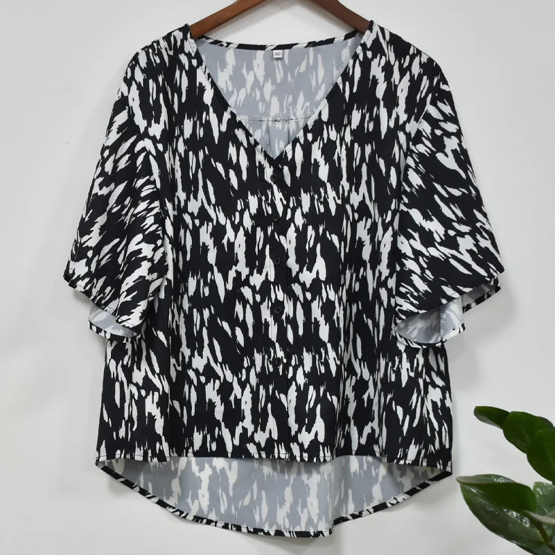 Plus Size Women's Shirt, Spotted Printed Cardigan Button V Neck Top. Casual and Fashionable Summer Clothing