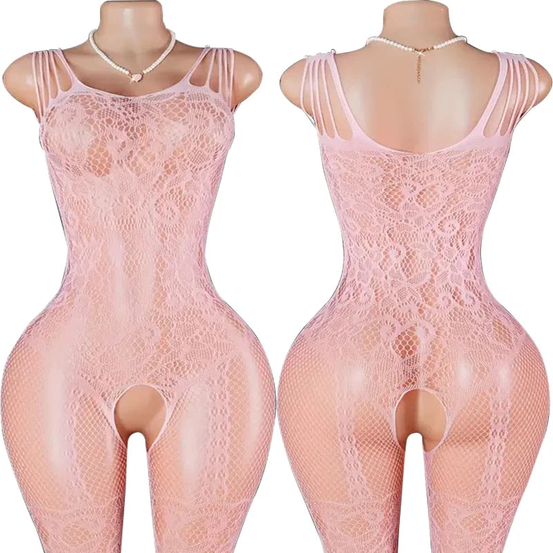 Off Shoulder Mesh Floral Print Baby Dolls Dress Short Sleeve Erotic Crotchless Lingerie Women Sexy Hollow Open Bra Bodystockings