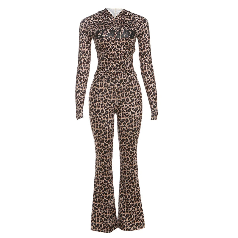 SiSterlinda Hooded 2 Piece Set Women Letter Leopard Zip Jacket+Flare Pants Casual Matching Stretch Sporty Streetwear Tracksuit