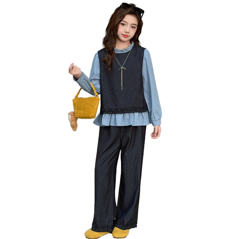 Back To School Clothing for Girls Outfits Set Toddler Kids Vest +Blue Shirt + Pants 3pcs Teens Kids Costumes Spring Autumn 2025
