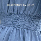 Women Ruffle Solid Pleated Long Dress Chic V Neck Short Sleeved