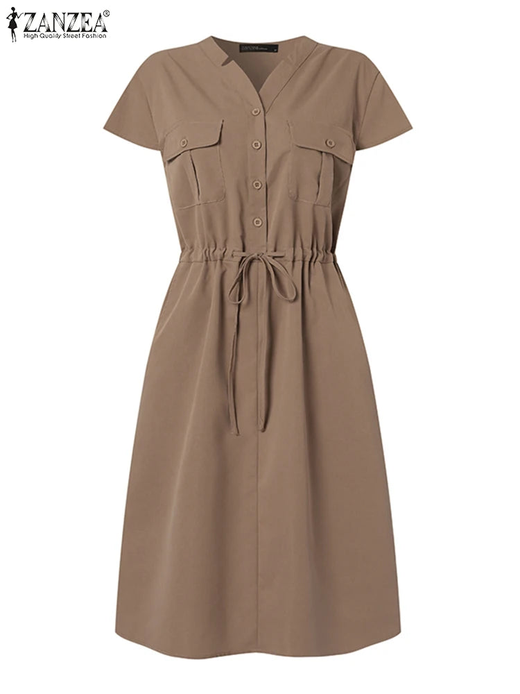 Summer Fashion Short Sleeve Dress ZANZEA Women Casual Drawstring Waist Vestidos Knee-length Robe Femme Elegant OL Work Sundress