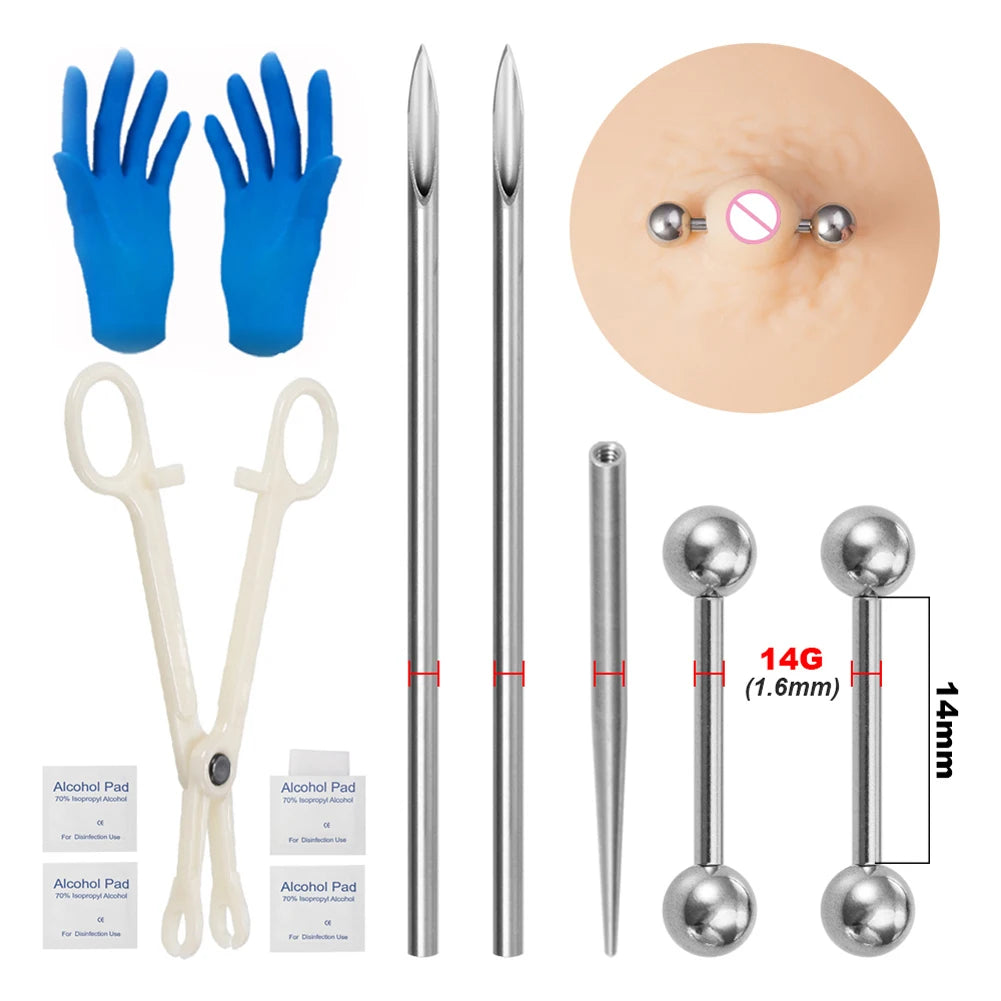Body Piercing Kit Surgical Steel Threaded Taper Pin Needles Lip Nose Tongue Cartilage Eyebrow Navel Piercing Jewelry Tool Pliers