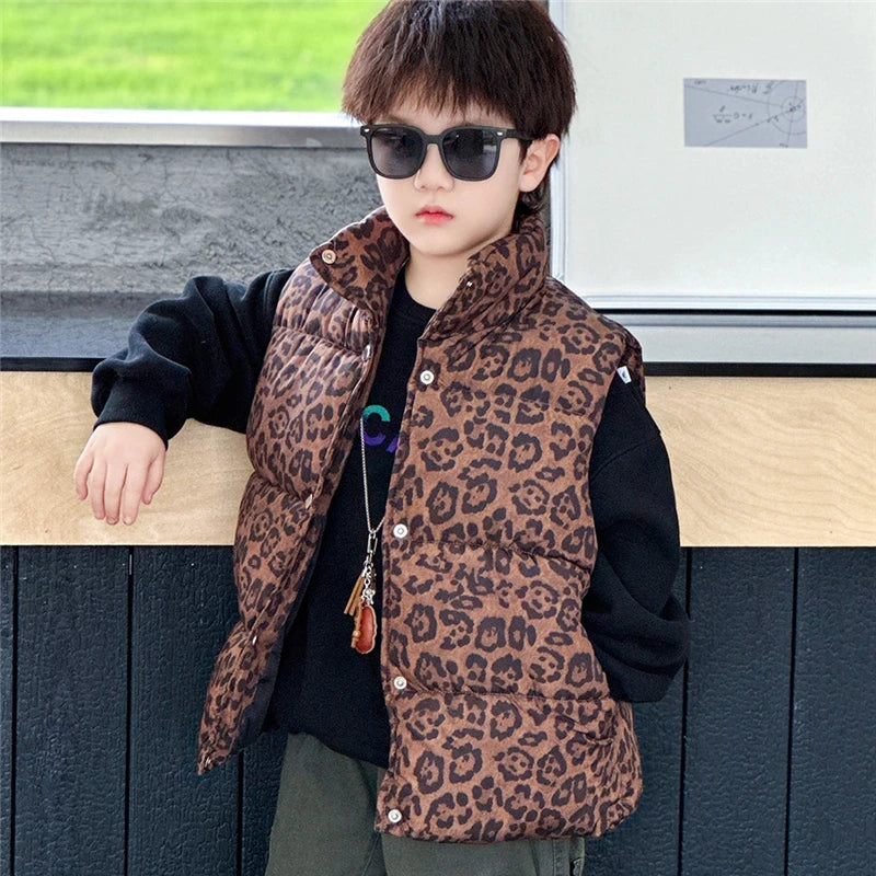 New Fashion Baby Boy Girl Leopard Print Sleeveless Vest Elegant Kids Children Winter Waistcoat Age 2 3 4 5 6 7 8 9 10 11 Years