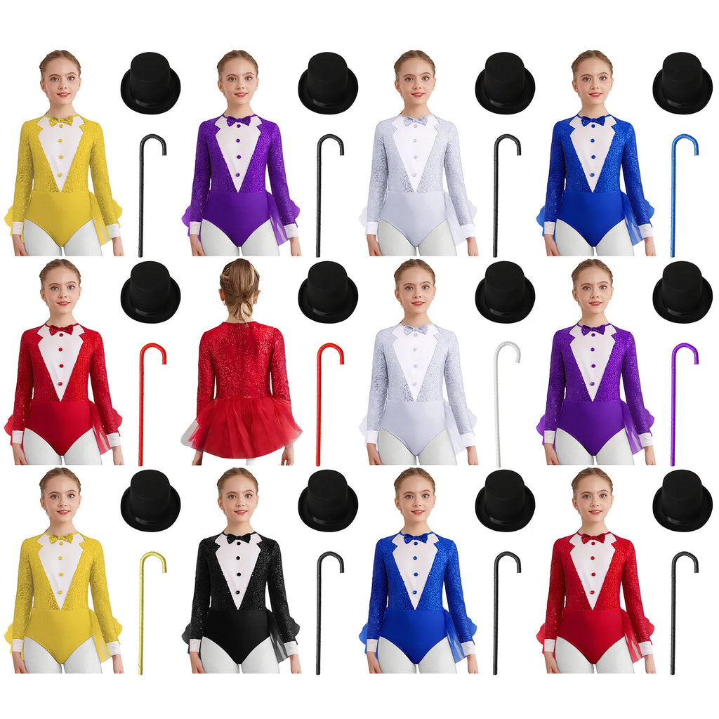 Kids Girls Majorette Leotards Showman Jazz Dance Costume Magician Outfit Tuxedos Bodysuit with Hat And Crutch Sequins Leotard